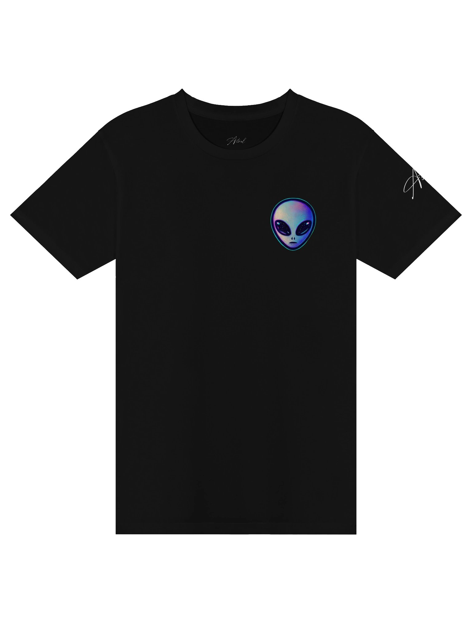 The Astral Signature Tee, black shirt with colorful alien chest logo and signature sleeve detail